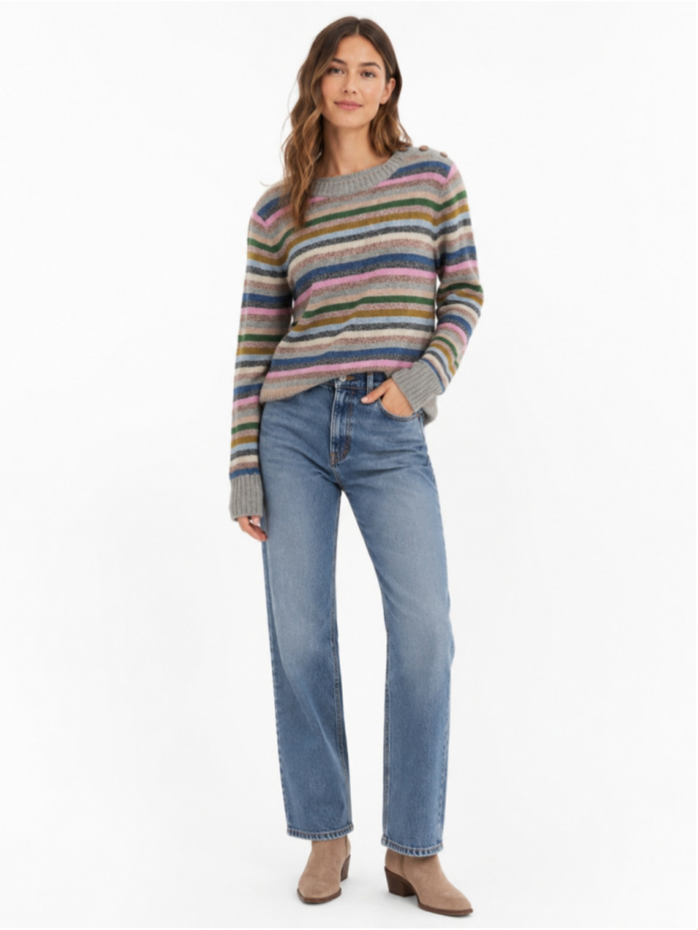 WoolOvers 100% Lambswool Multicolor Striped Button Shoulder Sweater Women’s M